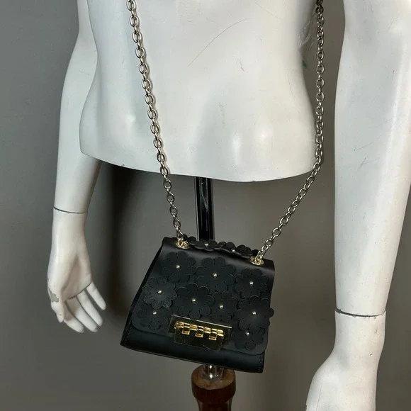 Whimsical Minimalist Zac Posen Black Eatha Mini bag Floral Chain Crossbody Y2K - Picture 2 of 15